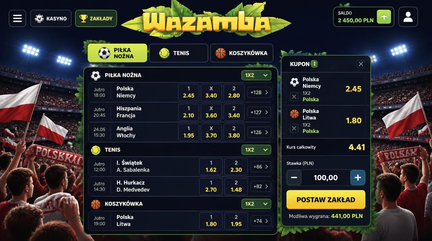 interfejs zakładów sportowych z wynikami i kursami na tle stadionu