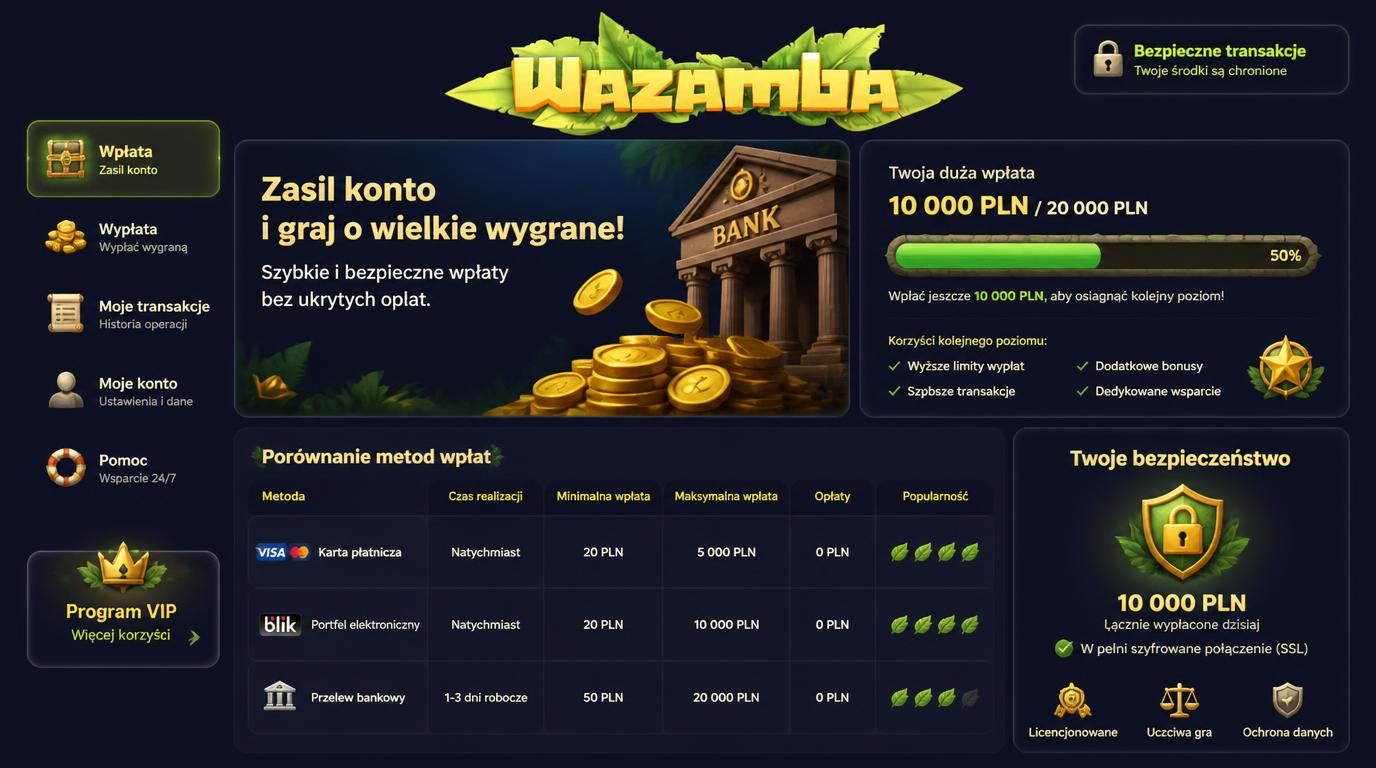 interfejs kasyna z grafiką pokazującą wysokie limity wpłat bankowych, ikony banków i symbol zaufania