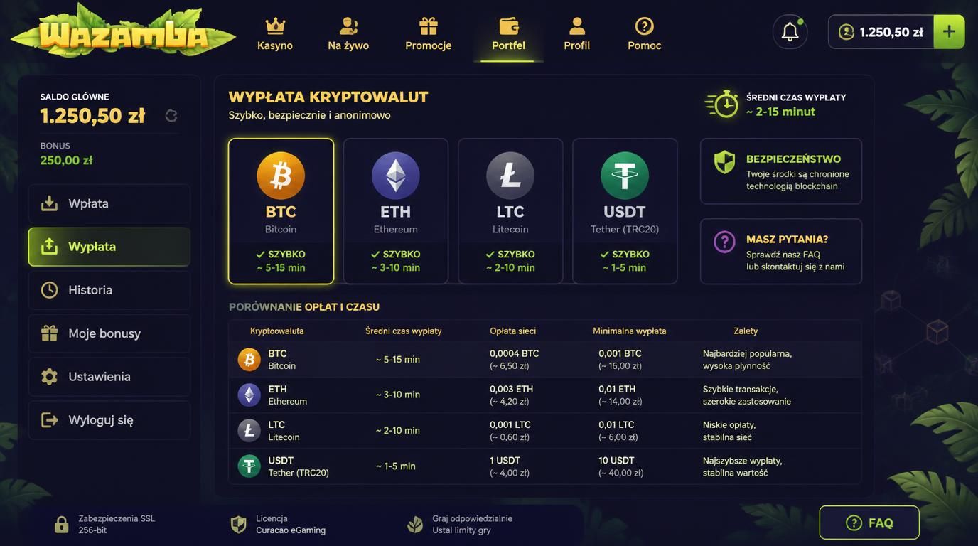 interfejs kasyna z ikonami kryptowalut i symbolem prędkości, pytaniem obok bitcoin i ethereum