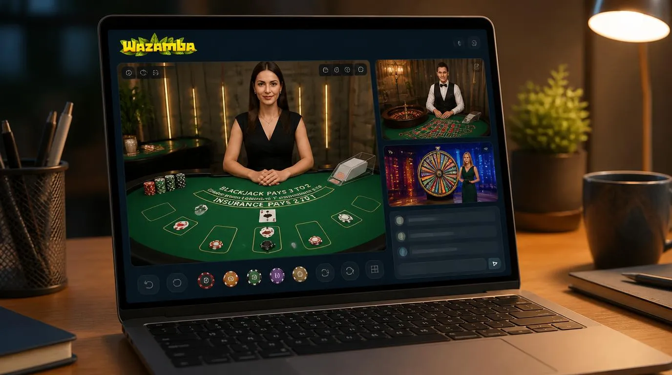 Krupierka przy stole blackjacka i ekran ruletki w lobby kasyna na żywo
