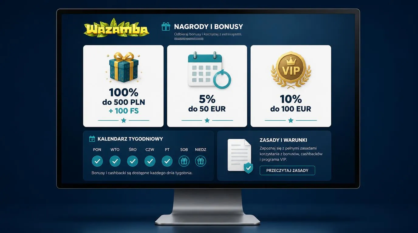 Panel nagród kasynowych z bonusem powitalnym w PLN oraz tygodniowym cashbackiem standardowym i VIP w EUR