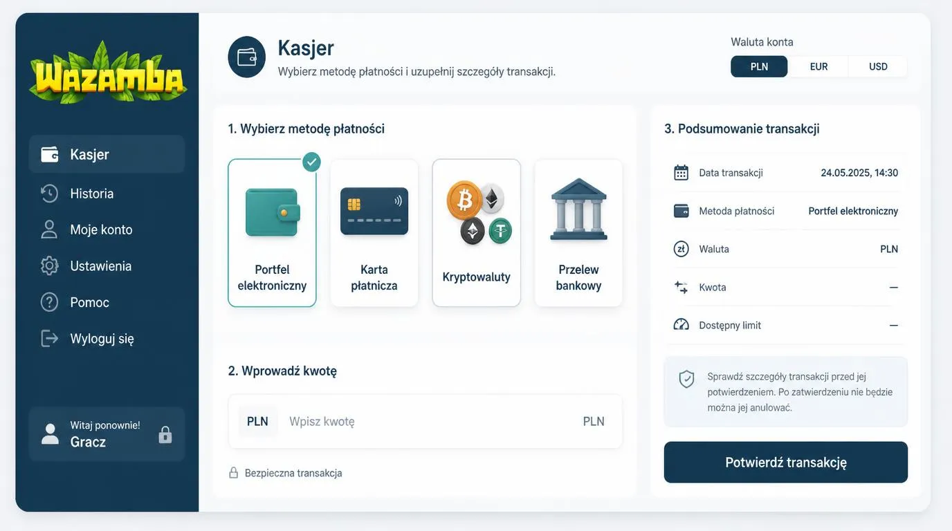 Panel kasjera z portfelem elektronicznym, kartą, kryptowalutami i przelewem oraz wyborem PLN, EUR i USD