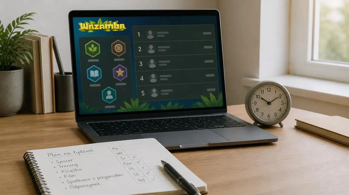 Laptop z symbolami osiągnięć i rankingiem obok notesu z planem czasu na rozrywkę